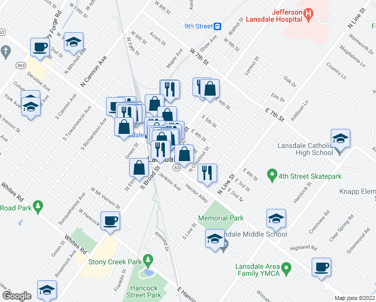 map of restaurants, bars, coffee shops, grocery stores, and more near 26 East 3rd Street in Lansdale