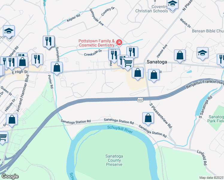 map of restaurants, bars, coffee shops, grocery stores, and more near 1058 Maple Glen Circle in Pottstown