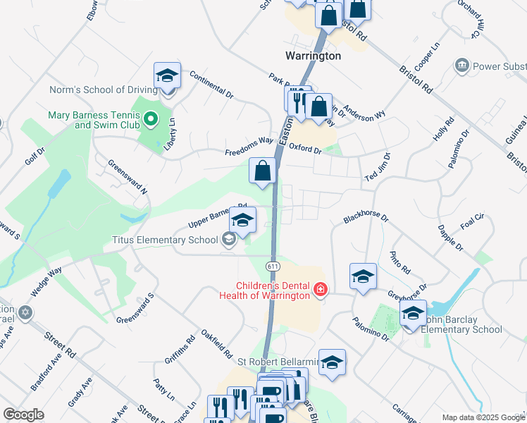 map of restaurants, bars, coffee shops, grocery stores, and more near 2310 Upper Barness Road in Warrington