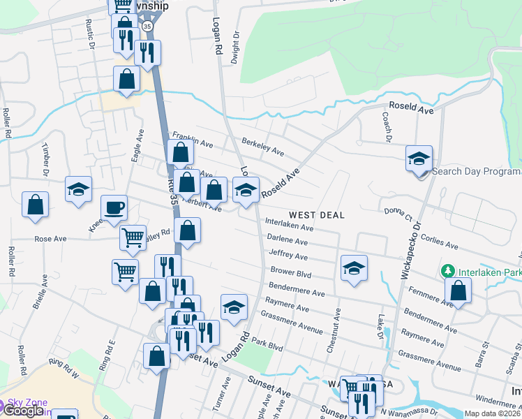 map of restaurants, bars, coffee shops, grocery stores, and more near 2202 Logan Road in Wanamassa