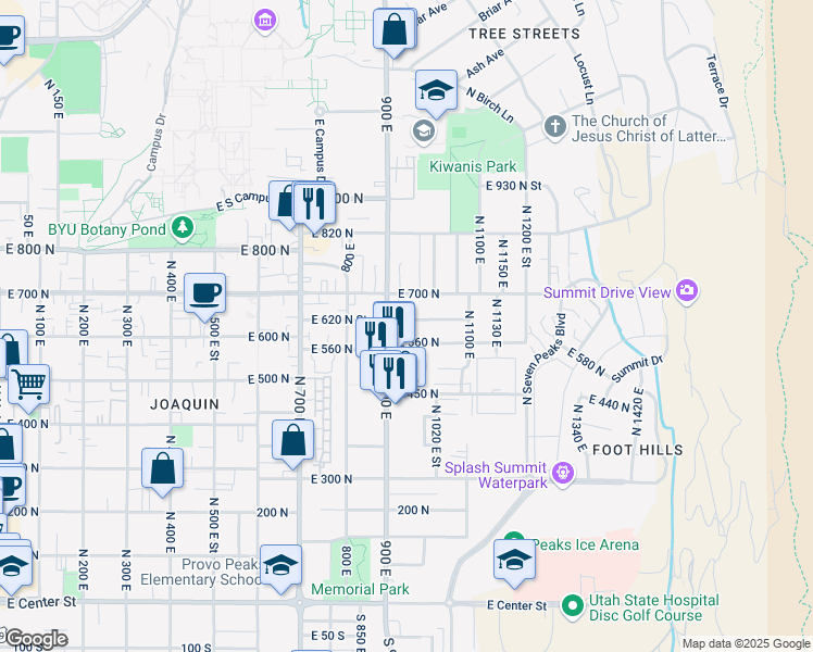 map of restaurants, bars, coffee shops, grocery stores, and more near 944 East 620 North Street in Provo
