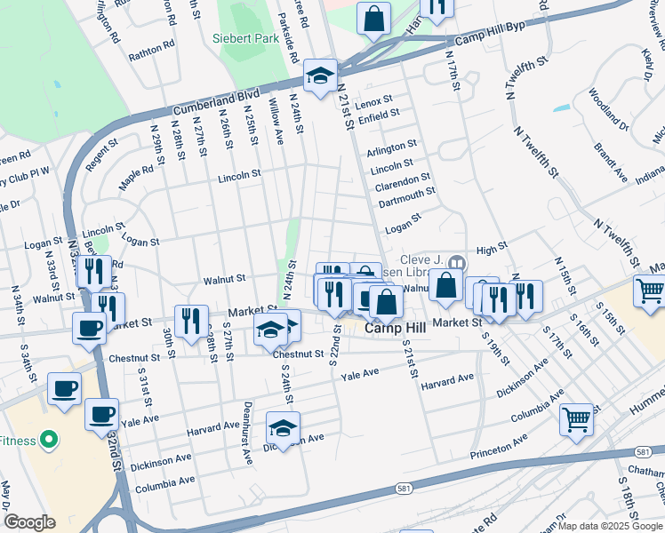 map of restaurants, bars, coffee shops, grocery stores, and more near 111 North 23rd Street in Camp Hill