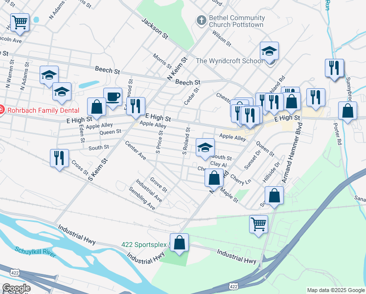 map of restaurants, bars, coffee shops, grocery stores, and more near 1159 South Street in Pottstown