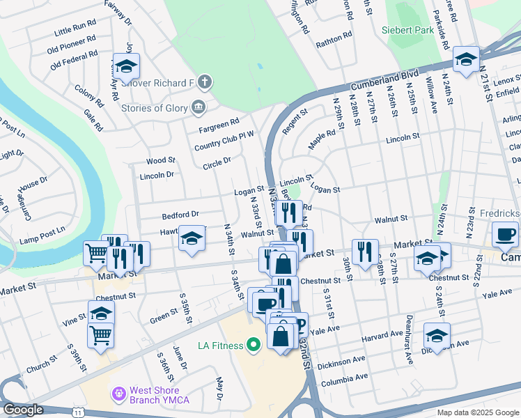 map of restaurants, bars, coffee shops, grocery stores, and more near 133 N 33rd St in Camp Hill
