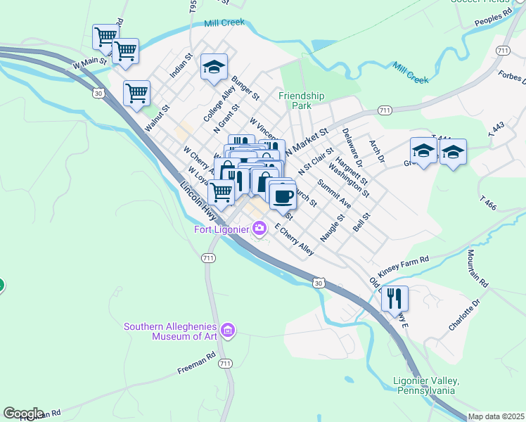 map of restaurants, bars, coffee shops, grocery stores, and more near 107 South Saint Clair Street in Ligonier