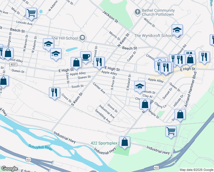 map of restaurants, bars, coffee shops, grocery stores, and more near 1070 South Street in Pottstown