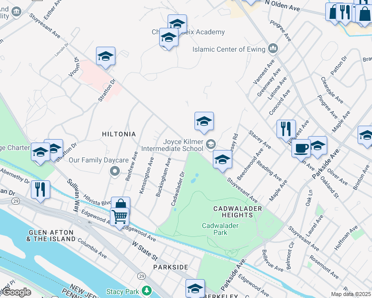 map of restaurants, bars, coffee shops, grocery stores, and more near 207 Cadwalader Drive in Trenton