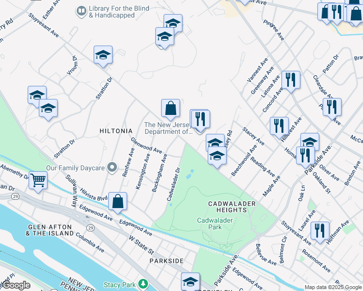 map of restaurants, bars, coffee shops, grocery stores, and more near 207 Cadwalader Drive in Trenton