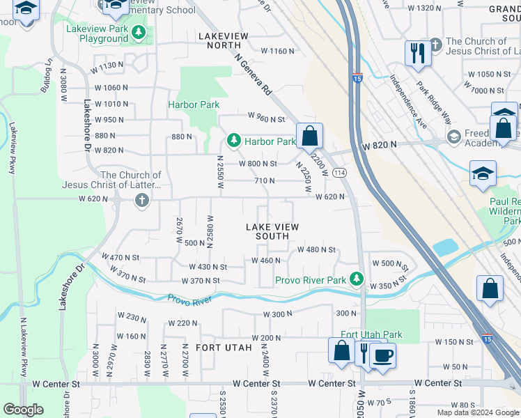 map of restaurants, bars, coffee shops, grocery stores, and more near 586 North 2430 West in Provo