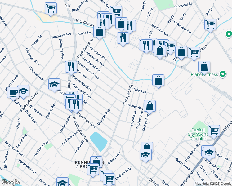 map of restaurants, bars, coffee shops, grocery stores, and more near 213 New Hillcrest Avenue in Ewing Township