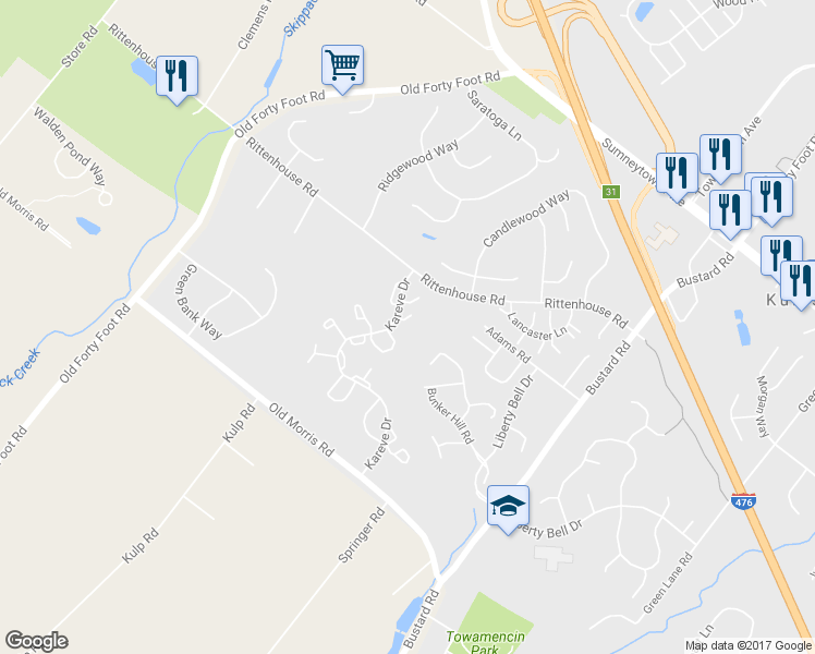 map of restaurants, bars, coffee shops, grocery stores, and more near 423 Cedartop Court in Harleysville
