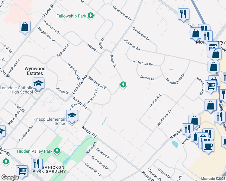 map of restaurants, bars, coffee shops, grocery stores, and more near 1005 Pecan Drive in Lansdale