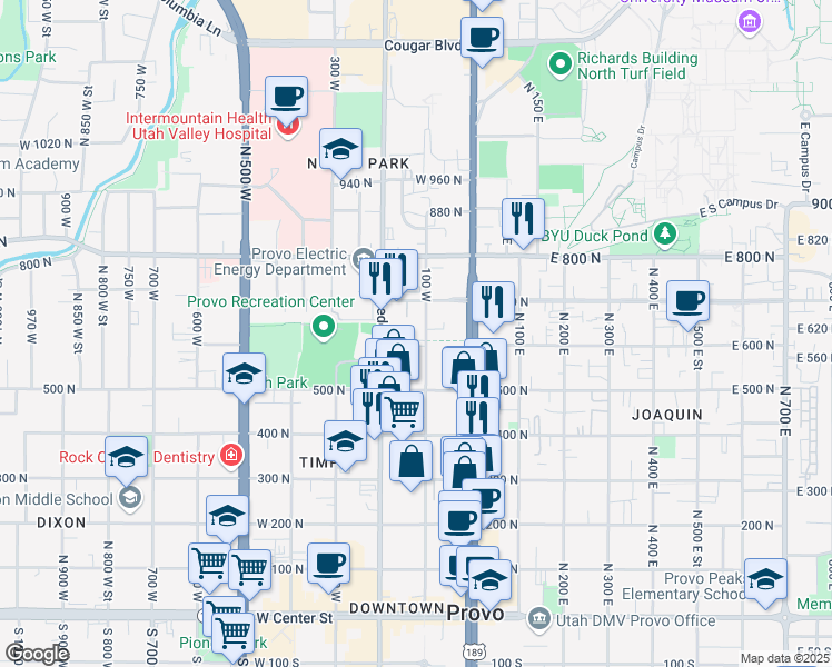 map of restaurants, bars, coffee shops, grocery stores, and more near 627 North 100 West in Provo
