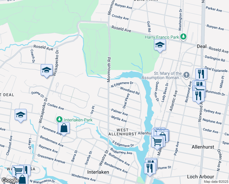 map of restaurants, bars, coffee shops, grocery stores, and more near 613 Blanchard Pkwy in Allenhurst