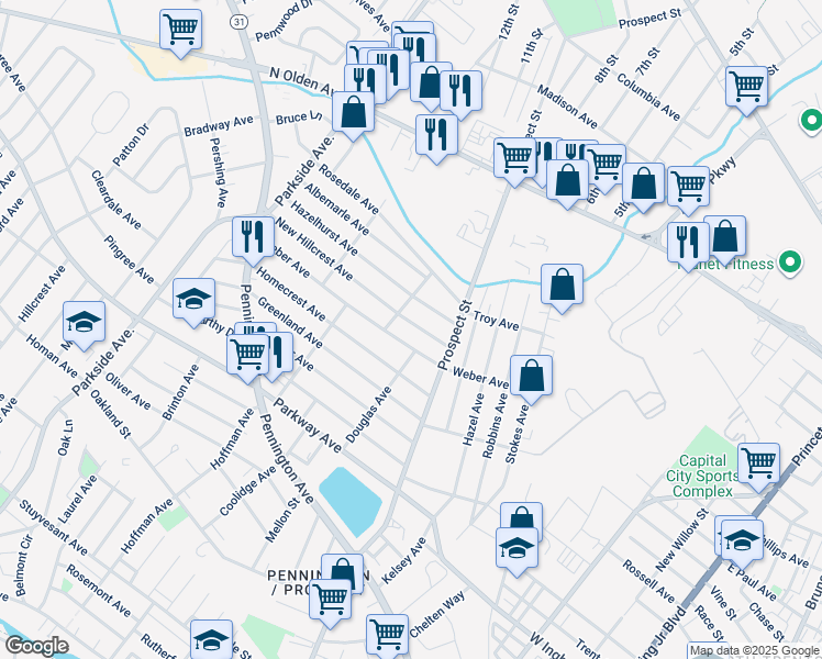 map of restaurants, bars, coffee shops, grocery stores, and more near 213 New Hillcrest Avenue in Ewing Township