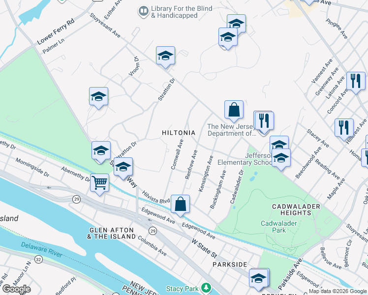 map of restaurants, bars, coffee shops, grocery stores, and more near 120 Cornwall Avenue in Trenton