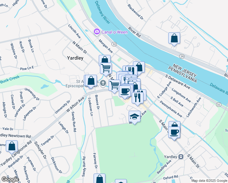 map of restaurants, bars, coffee shops, grocery stores, and more near 31 West Afton Avenue in Yardley