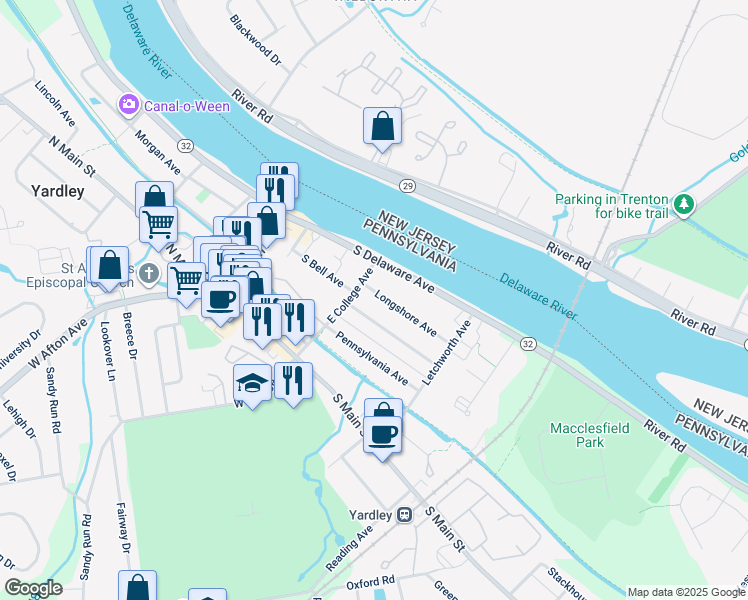 map of restaurants, bars, coffee shops, grocery stores, and more near 109 Longshore Avenue in Yardley