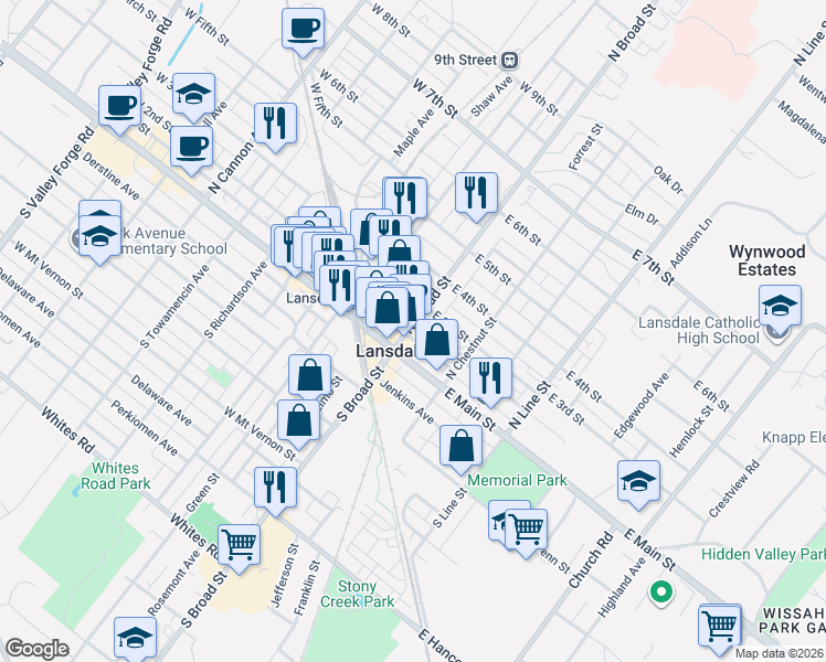 map of restaurants, bars, coffee shops, grocery stores, and more near 201 North Broad Street in Lansdale