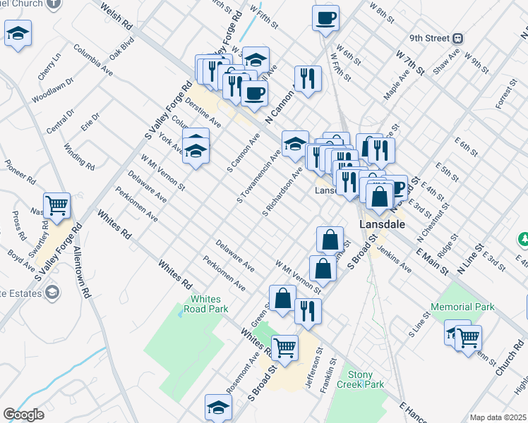 map of restaurants, bars, coffee shops, grocery stores, and more near 401 York Avenue in Lansdale