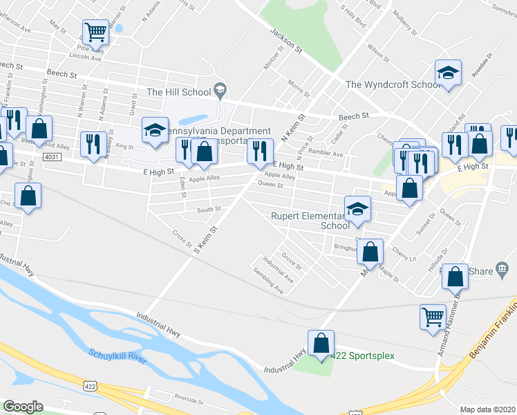 map of restaurants, bars, coffee shops, grocery stores, and more near 1036 South Street in Pottstown
