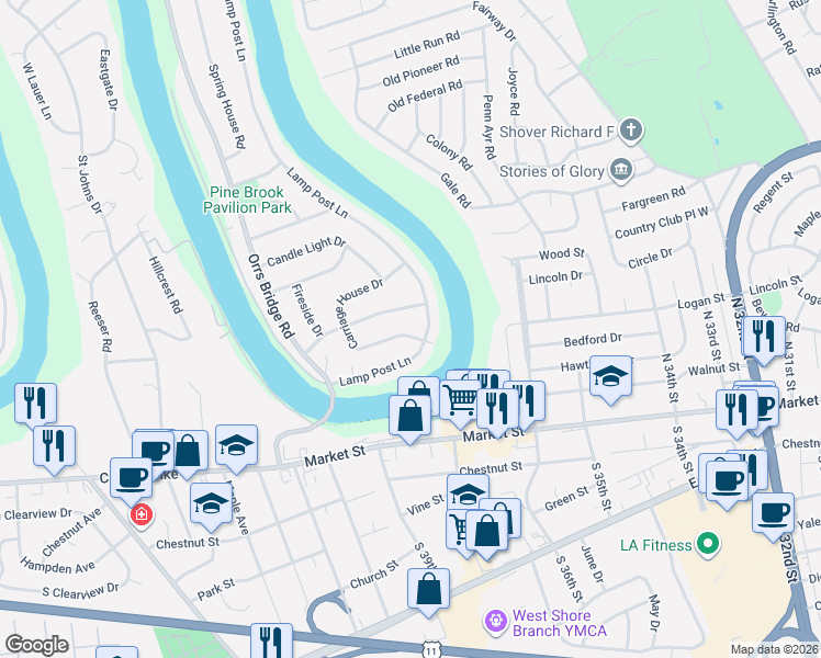 map of restaurants, bars, coffee shops, grocery stores, and more near 3803 Carriage House Dr in Camp Hill