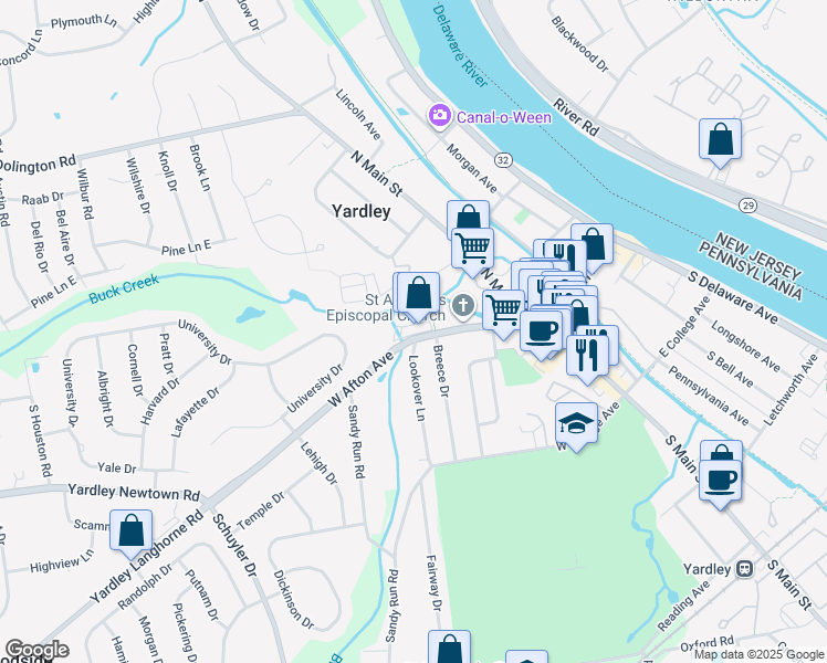 map of restaurants, bars, coffee shops, grocery stores, and more near 90 Pennsylvania 332 in Yardley