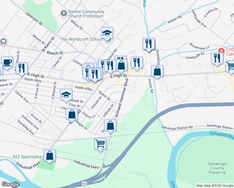 map of restaurants, bars, coffee shops, grocery stores, and more near 1528 Cherry Lane in Pottstown