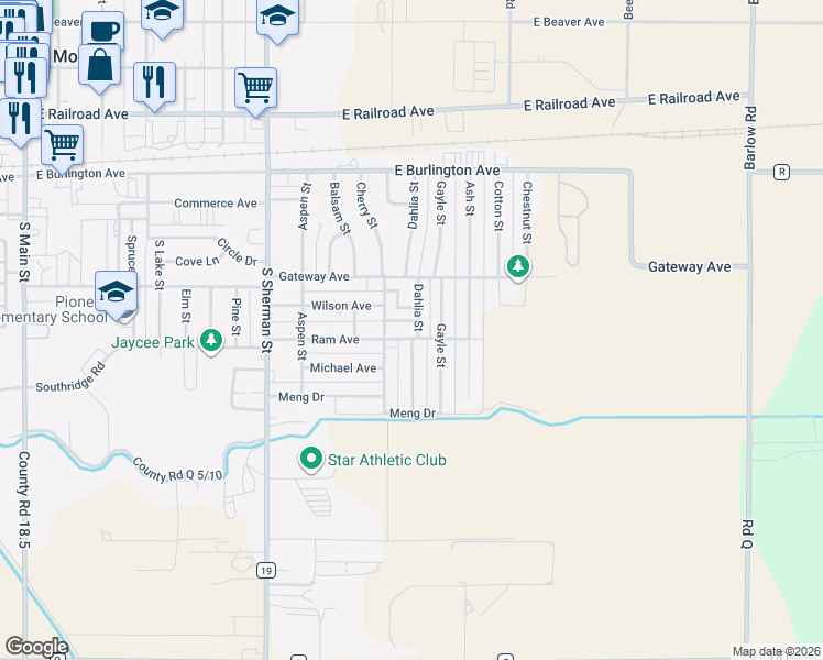 map of restaurants, bars, coffee shops, grocery stores, and more near 437 Dahlia Street in Fort Morgan