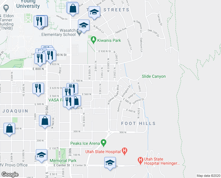 map of restaurants, bars, coffee shops, grocery stores, and more near 609 North Seven Peaks Boulevard in Provo