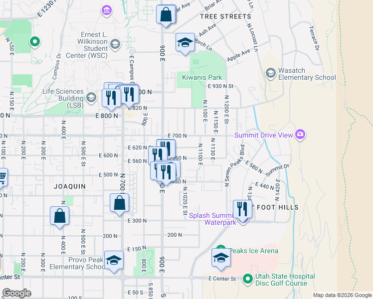 map of restaurants, bars, coffee shops, grocery stores, and more near 1082 East 620 North Street in Provo