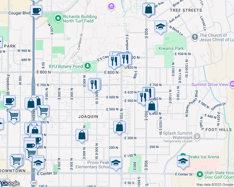 map of restaurants, bars, coffee shops, grocery stores, and more near 614 700 East in Provo