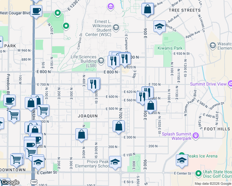 map of restaurants, bars, coffee shops, grocery stores, and more near 614 700 East in Provo