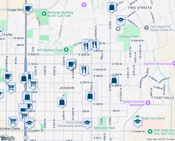 map of restaurants, bars, coffee shops, grocery stores, and more near 628 600 East in Provo