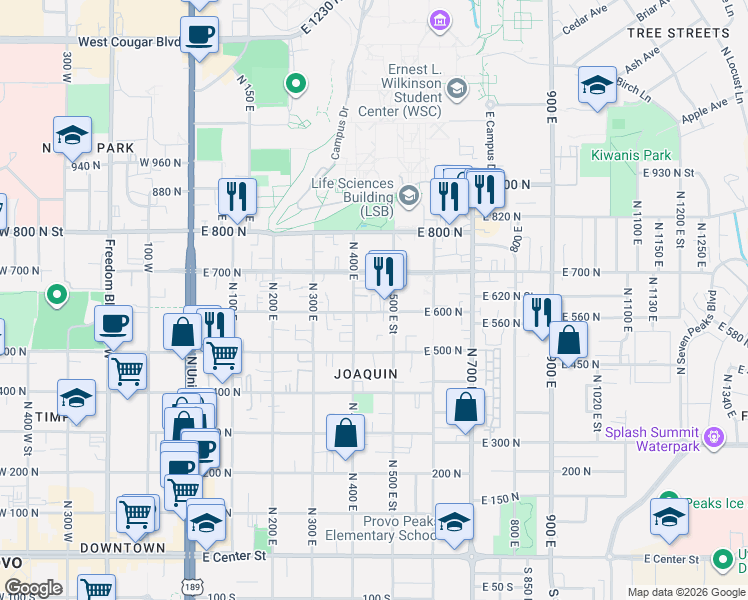 map of restaurants, bars, coffee shops, grocery stores, and more near 429 East 600 North in Provo