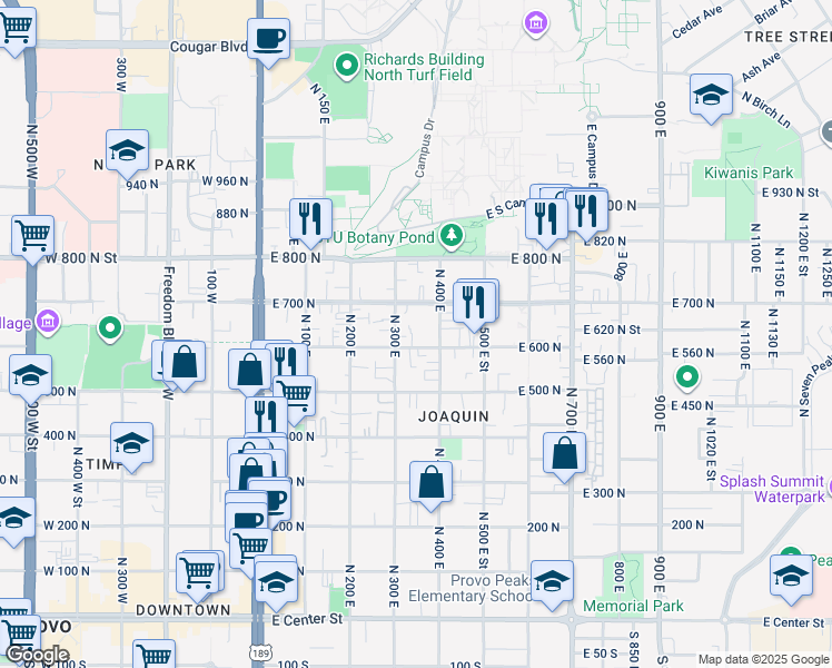 map of restaurants, bars, coffee shops, grocery stores, and more near 345 East 600 North in Provo