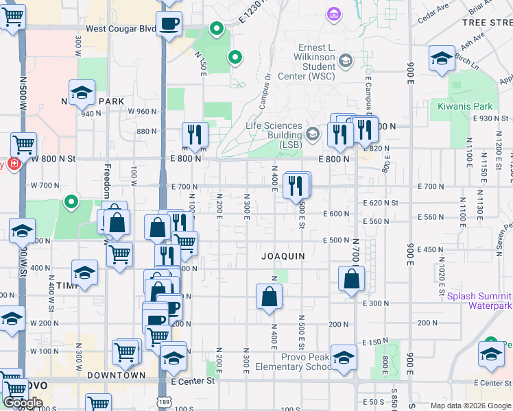 map of restaurants, bars, coffee shops, grocery stores, and more near 345 East 600 North in Provo