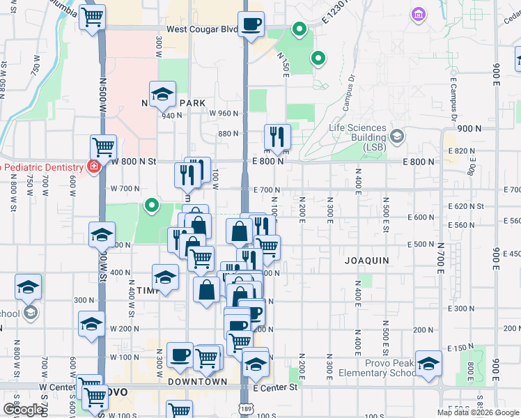 map of restaurants, bars, coffee shops, grocery stores, and more near 617 North 100 East in Provo