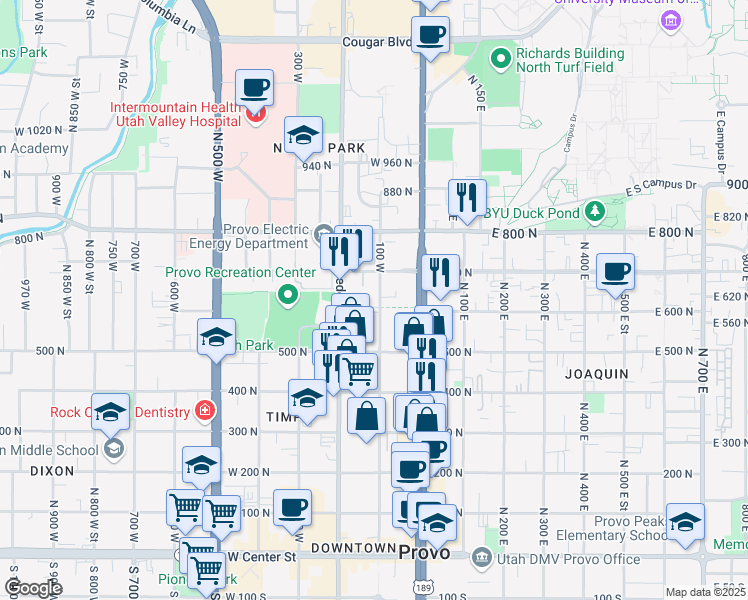map of restaurants, bars, coffee shops, grocery stores, and more near 620 100 West in Provo