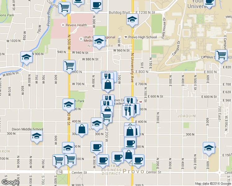 map of restaurants, bars, coffee shops, grocery stores, and more near 612 North Freedom Boulevard in Provo