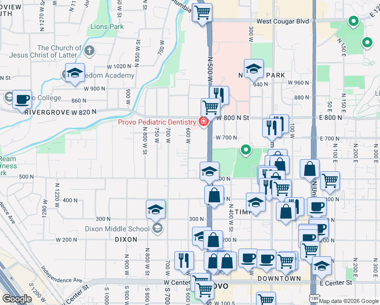 map of restaurants, bars, coffee shops, grocery stores, and more near 588 West 600 North in Provo