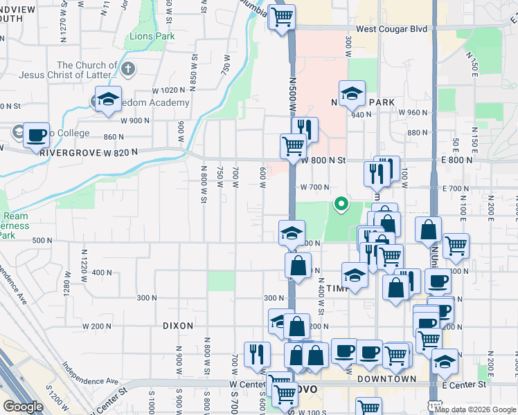 map of restaurants, bars, coffee shops, grocery stores, and more near 588 West 600 North in Provo
