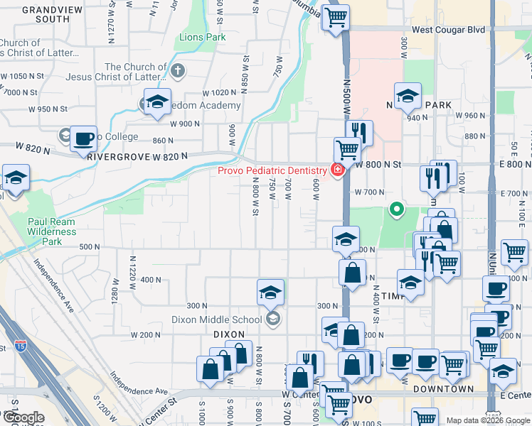 map of restaurants, bars, coffee shops, grocery stores, and more near 615n 750 West in Provo