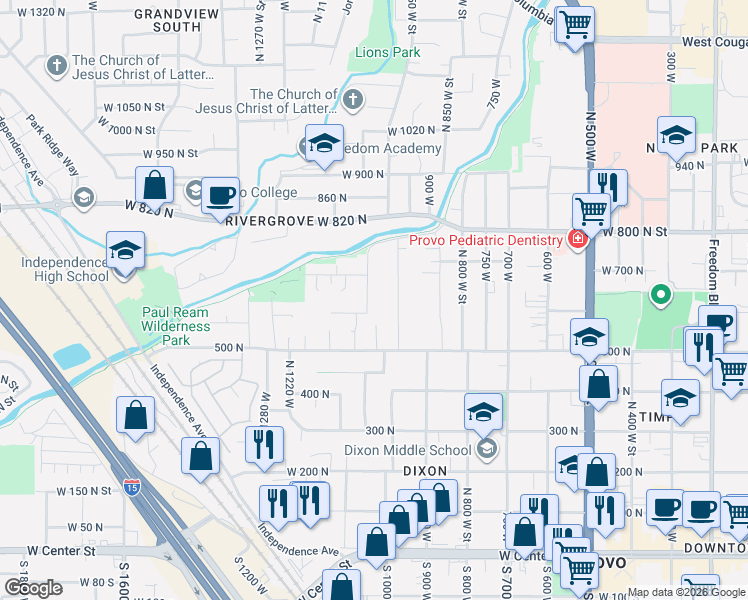 map of restaurants, bars, coffee shops, grocery stores, and more near 606 North 1050 West in Provo