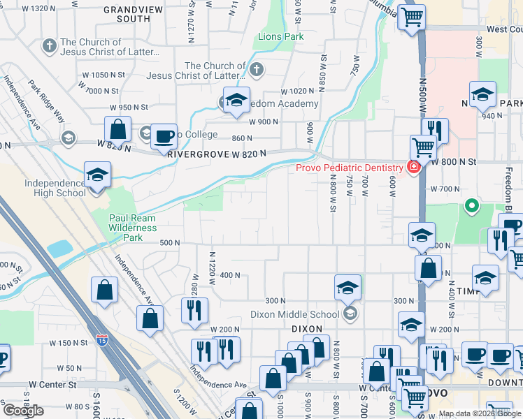 map of restaurants, bars, coffee shops, grocery stores, and more near 613 1100 West in Provo