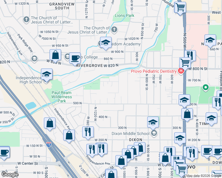 map of restaurants, bars, coffee shops, grocery stores, and more near 613 1100 West in Provo
