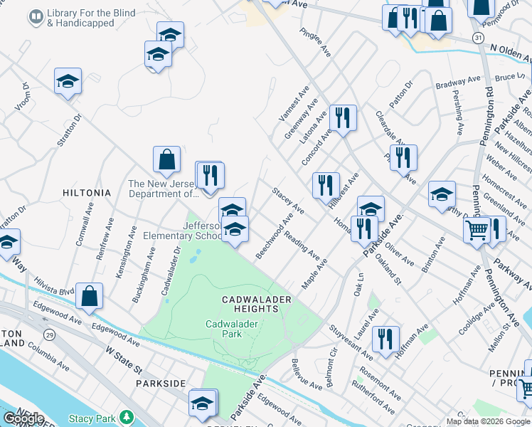 map of restaurants, bars, coffee shops, grocery stores, and more near 318 Reading Avenue in Trenton