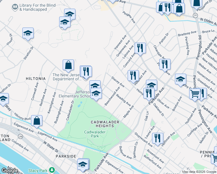 map of restaurants, bars, coffee shops, grocery stores, and more near 318 Reading Avenue in Trenton