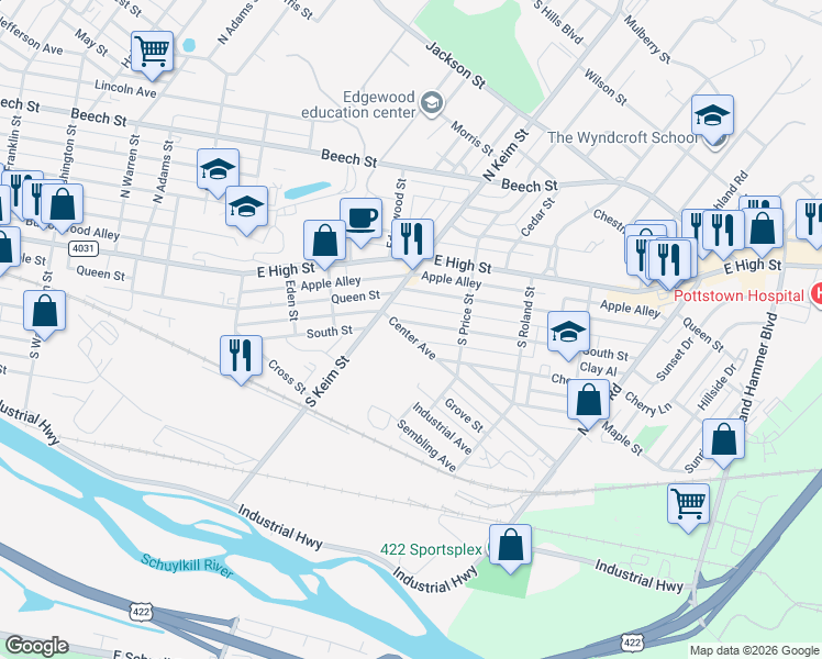 map of restaurants, bars, coffee shops, grocery stores, and more near 1034 South Street in Pottstown