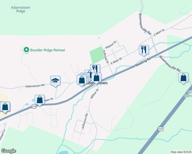 map of restaurants, bars, coffee shops, grocery stores, and more near 97 West Main Street in Adamstown